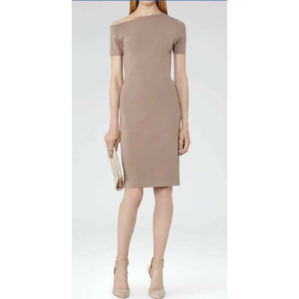 REISS Palmer Knit Bodycon Sheath Dress Size 6 One-Shoulder Mink Taupe Minimalist